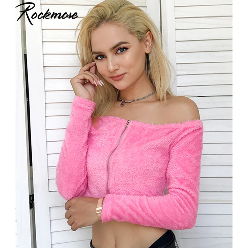 Rockmore облегающая бархатная футболка на молнии женская розовая укороченная футболка с длинным рукавом с открытыми плечами футболка женская сексуальная Harajuku рубашка