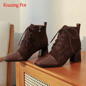 

Krazing pot new arrival large size cow leather mixed cloth gorgeous square toe thick high heel zipper streetwear ankle boots L11