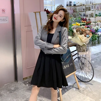 

New Dress Suits Autumn Wild Women Notched Collar Short Coat + Knee Length Vest Dress FemaleTwo Piece Set High Quality