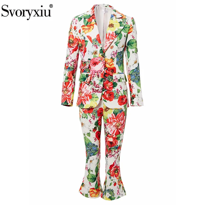 

Svoryxiu Fashion Runway Autumn Winter Blazer Two Piece Set Women's Flower Print Single Button Coat + Pants Elegant Suit