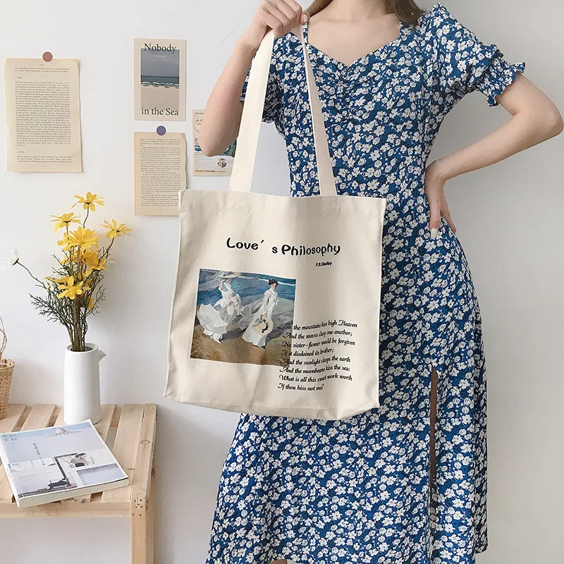 Women Canvas Shoulder Bag Love Philosophy Daily Shopping Bags Oil Painting Books Bag Thick Cotton Cloth Handbags Tote Ladies canvas bag women handbags