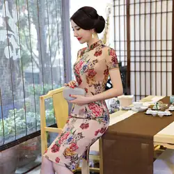 Традиционный цветочный принт для женщин Cheongsam тонкий низкий Сплит летний короткий Qipao винтажный Восточный вечер платье Vestidos