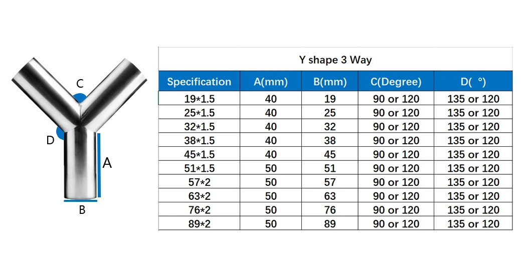 METALIST 51mm Pipe OD* 2mm Thickness SS304 Sanitary Butt Welding Y Shaped 3 Way Pipe Fitting Spliter 90 or 120 Degree