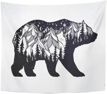 

Tapestry Double Exposure Deocrative Bear Nature Pine Forest Cones Mountains Tapestries Wall Hanging for Living Room Bedroom Dorm