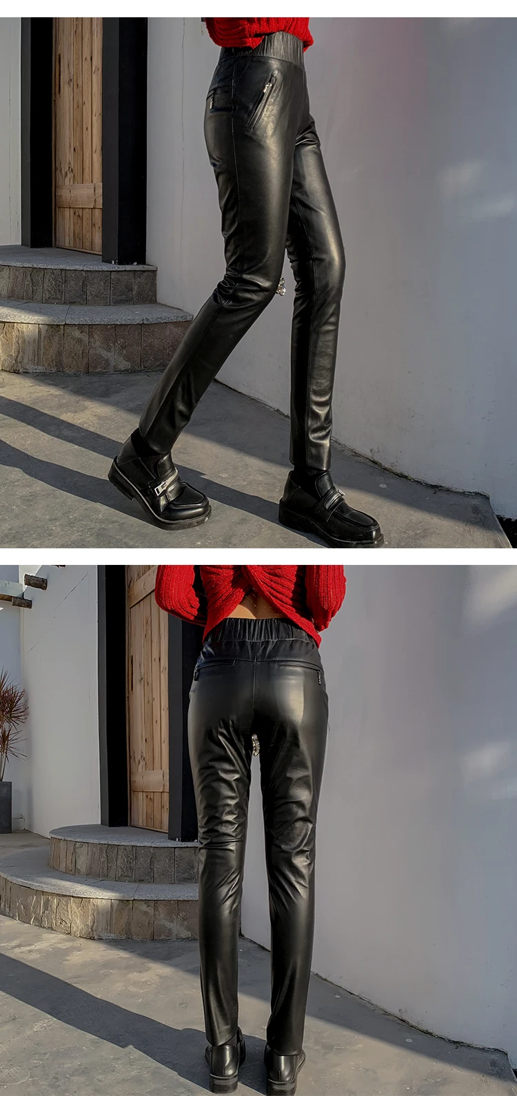 Брюки из натуральной кожи, минималистичные, Highstreet Moto, высокая талия, овчина, узкие брюки, женские, Осень-зима, одноцветные, облегающие брюки