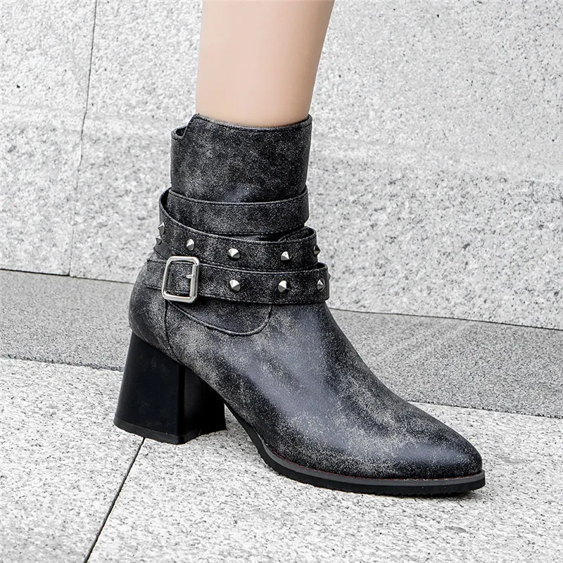 

Autumn Gothic Chelsea Western Cowboy Boots Women Brown Gray Buckle Strap Rivet Studded Thick Hih Heels Punk Women Shoes