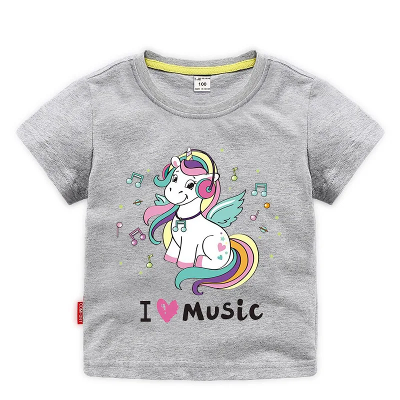 Футболка с принтом «I Love Music» и «Единорог» Детская футболка забавная Одежда для маленьких девочек топы для маленьких девочек, детские летние футболки