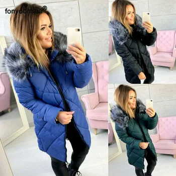 

Large Size Women Fur Collar Hooded Long Parkas Jacket Winter Thicken Female Cotton Padded Warm Outerwear Coats For Womens 2019