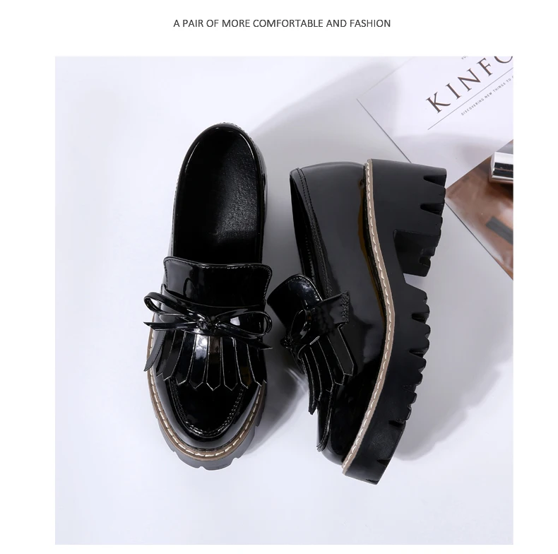 O16U Women Autumn Shoes Patent Leather Slip on Tassel Loafers Platform Flat Casual Shoes Women Flats Spring Shoes for Ladies