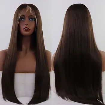 

Bomshell Long silky smooth brown lace front wig 13 * 3, baby hair quality, high density, heat-resistant fiber synthetic wig, for