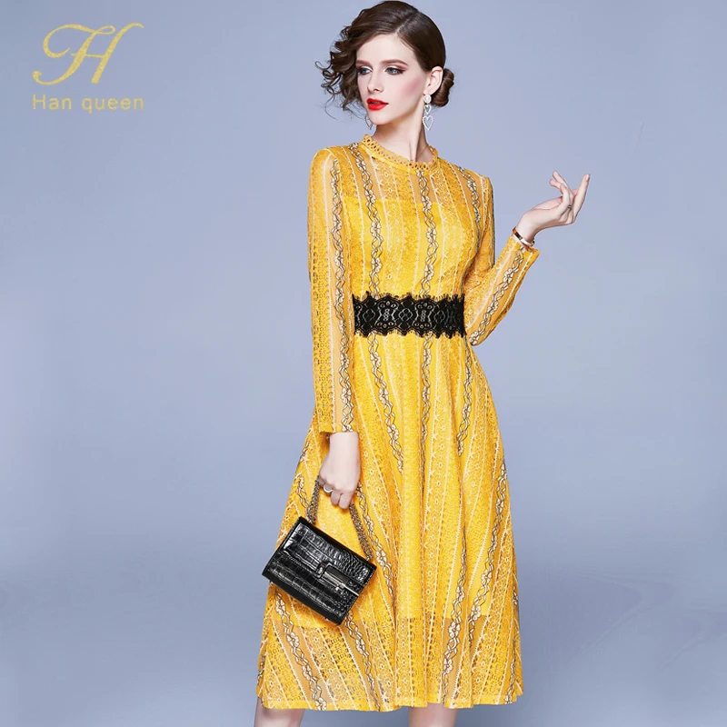 Yellow H Han queen/Новинка; Элегантные Вечерние Платья с цветочным узором и вырезами; женские модные повседневные платья в стиле пэчворк; приталенное платье трапециевидной формы - Цвет: Yellow