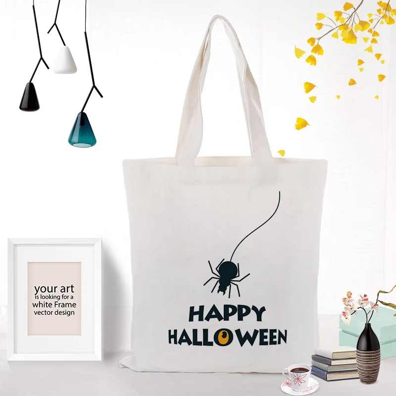 Холщовая Сумка На Хэллоуин с принтом логотипа, ручная хозяйственная сумка, Экологичная многоразовая сумка, переработанная