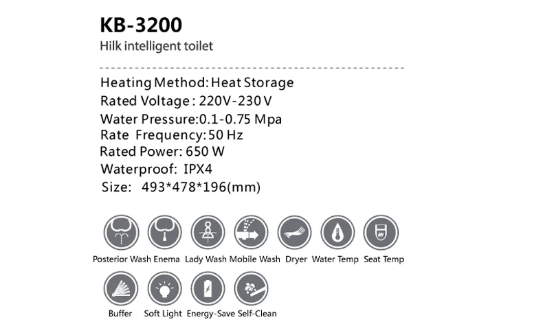 KB3200 Интеллектуальный комодный унитаз напряжение: 220 В~ 240 В 50 Гц L: 493 мм × Ш: 478 мм × В: 196 мм