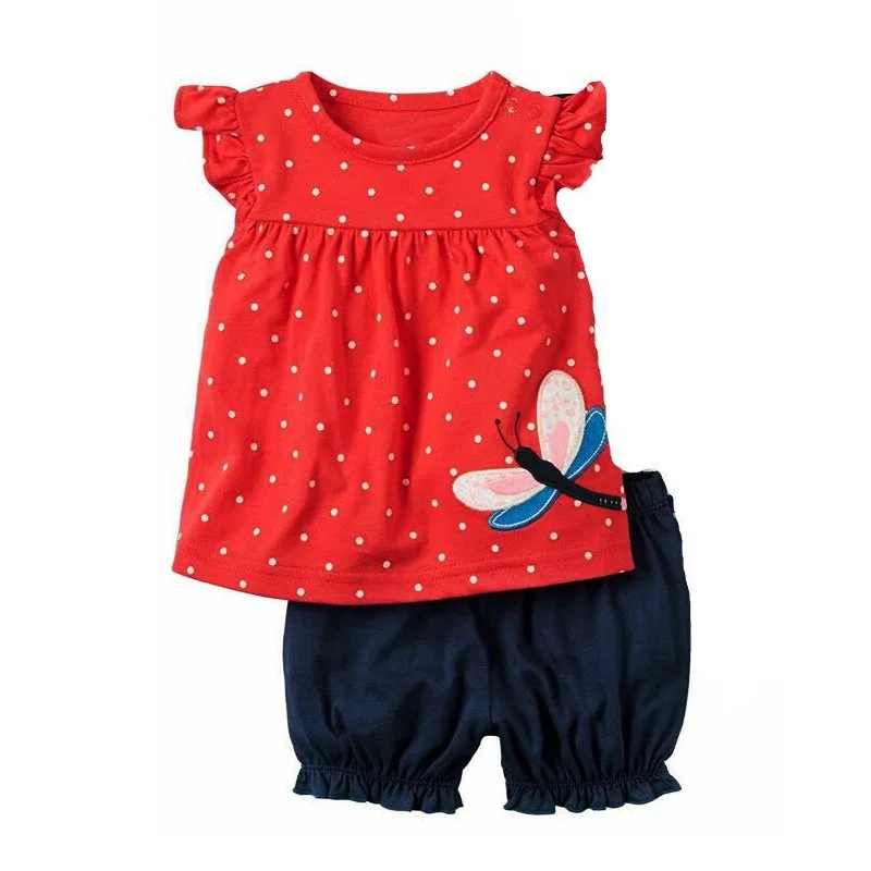 

Модный костюм для малышей, красный пижамный комплект для новорожденных со стрекозой, футболка, джемпер, шорты, штаны, летний наряд, 6, 9, 12, 18, 24 месяца
