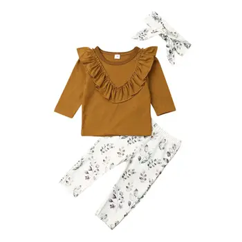 

Toddler Baby Girl Clothes Kid Long Sleeve Brown Top Ruffled Collar T Shirt + Leaf Printed Pants + Headband 3Pcs Set Outfit