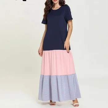 

[EWQ] 2020 Spring Summer New Arrivals O-neck Short Sleeve Solid Patchwork Women Casual Loose Floor-length Dress AW93117M