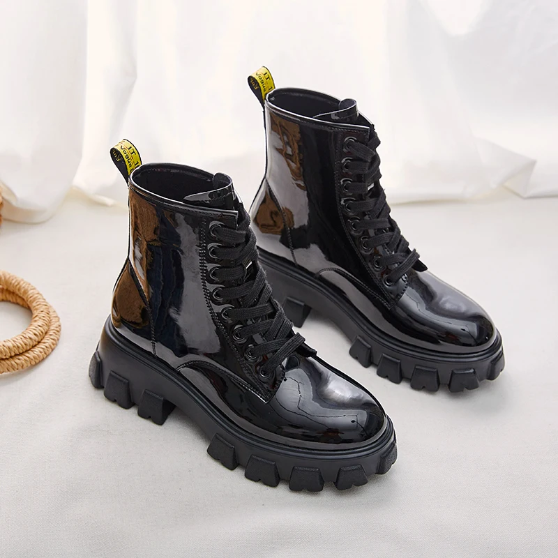 Botas Mujer; коллекция года; женские ботильоны из лакированной кожи; обувь с круглым носком; женская обувь на шнуровке; bottes femme; обувь на среднем каблуке; Zapatos De Mujer; сезон осень