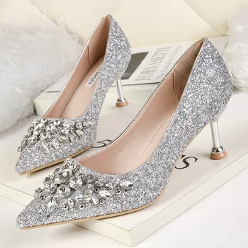 

2020 New Kitten Heels Rhinestone Women Pumps Sequins High Heels Women Shoes Gold Silver Wedding Shoes Female Heels Free Shipping