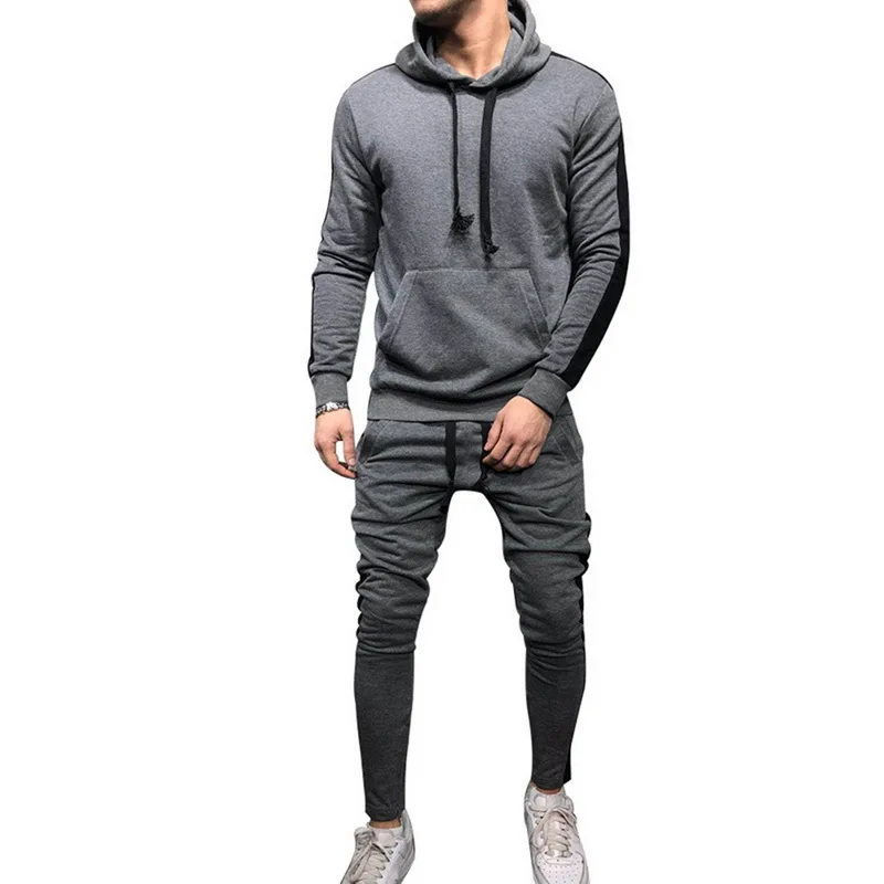 Gray MJARTORIA комплект из 2 предметов спортивный костюм для мужчин бренд осень зима толстовка с капюшоном+ штаны на шнурке мужской в полоску Лоскутные толстовки - Цвет: Gray