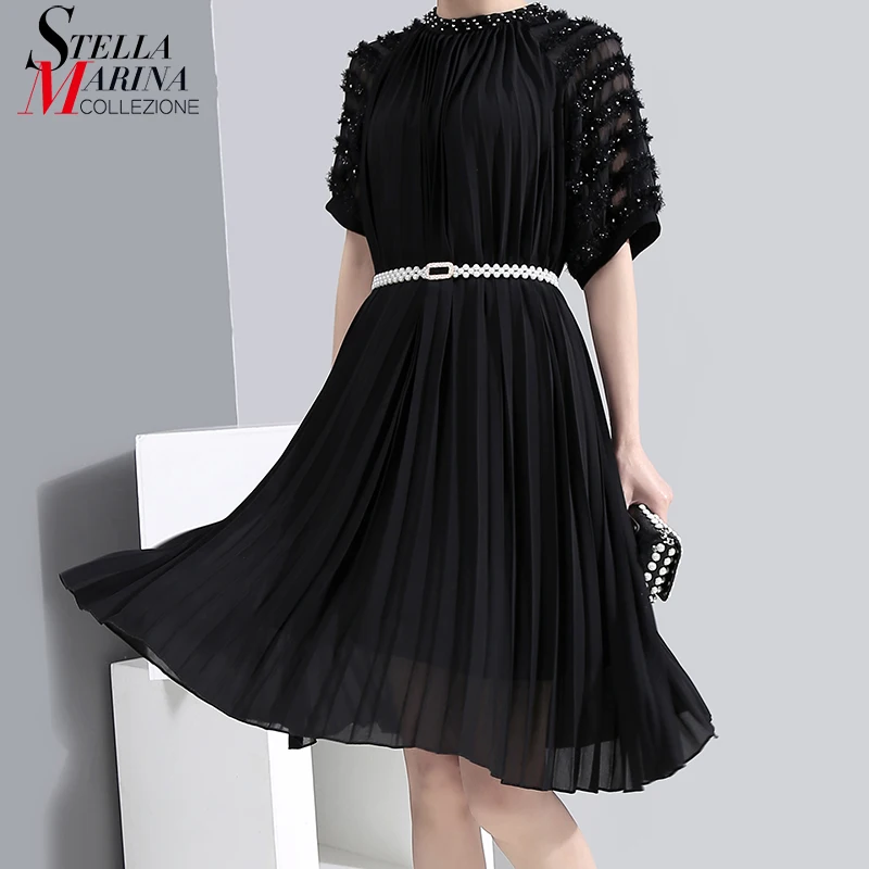 black pleated chiffon dress