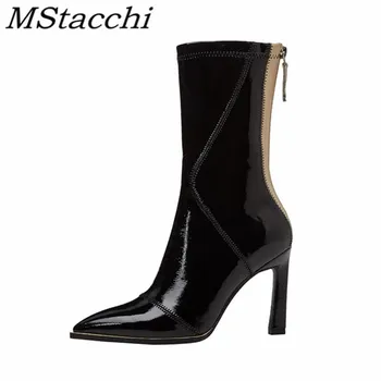 

Mstacchi Cowhide And Patent Leather Back Zipper Women Pointed Boots Stiletto Solid Color 2020 Fashion Female Shoes Zapatos Mujer