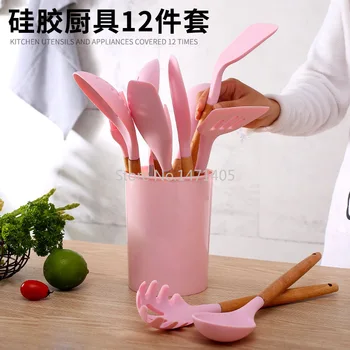 

Wooden Handle Silicone Kitchenware 12-piece Non-stick Spatula Kitchen Tool Cooking Spatula Spoon Baking Set 10-piece Set