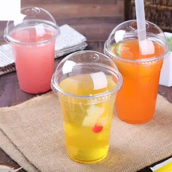 

50Pcs 400ml 6g Disposable Juice Cups Clear Plastic Cups With A Hole Dome Lids Dessert Container For Tea Fruit Juice Milk Tea