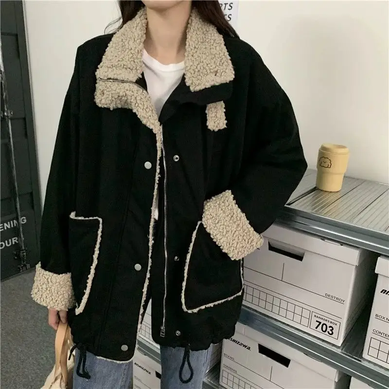 hooded puffer jacket Lamb Wool Padded Jackets Women Clothes Patchwork Plus Velvet Thick Autumn Winter New Korean Loose Harajuku Style Warm Jacket puffer coat with fur hood