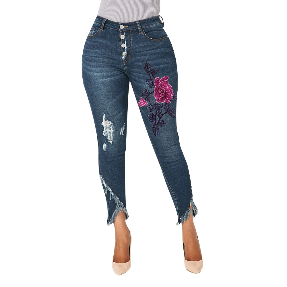 Джинсы с вышивкой, женские рваные джинсы с высокой талией, женские джинсы, модные женские узкие джинсовые брюки, нестандартные женские узкие брюки D25 - Цвет: Синий