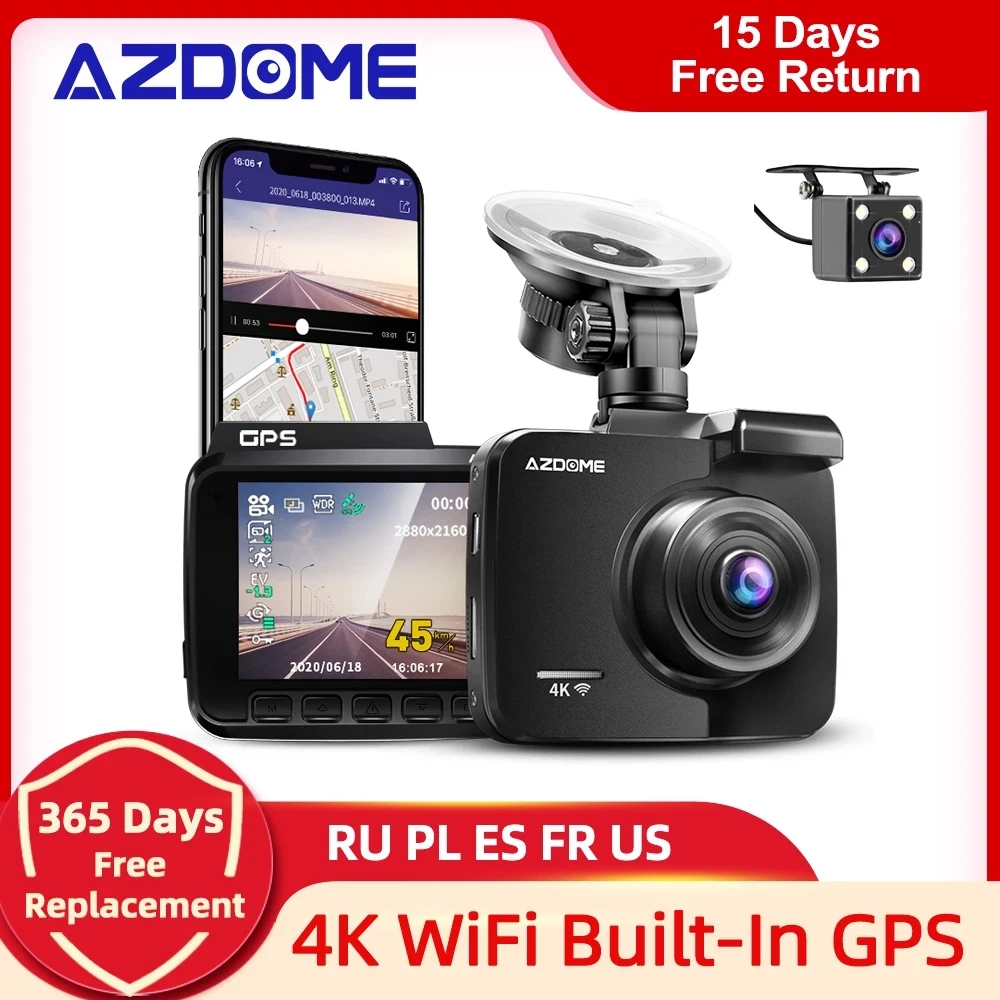 AZDOME 2.4'' 4K Ultra Car DVR Camera Cam Recorder Wifi GPS G-Sensor Night Vision 