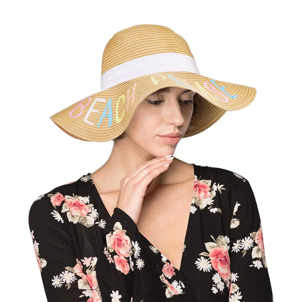 Wide brim color letter embroidery straw 