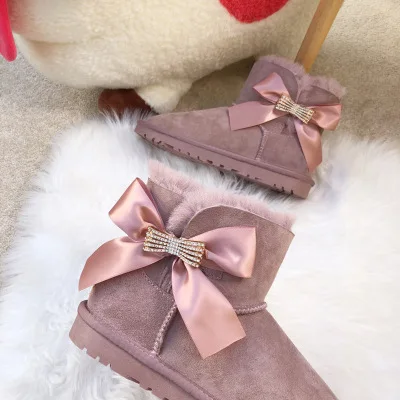 dark pink Blinging/; красивые женские зимние ботинки из натуральной овечьей кожи с бантом; женские ботинки на натуральном меху; теплые зимние ботинки с шерстью - Цвет: dark pink