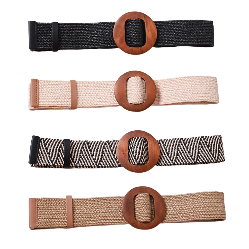 Women Braided Straw Waistband Cinch Belt With Round Wooden Buckle