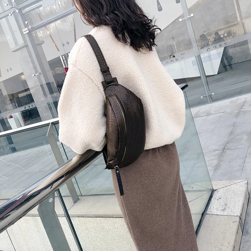 NEW-Crocodile Pattern Pu Leather Waist Bags For Women Solid Color Funny Packs Ladies Belt Bags For Phone Female Funny Pack(Black