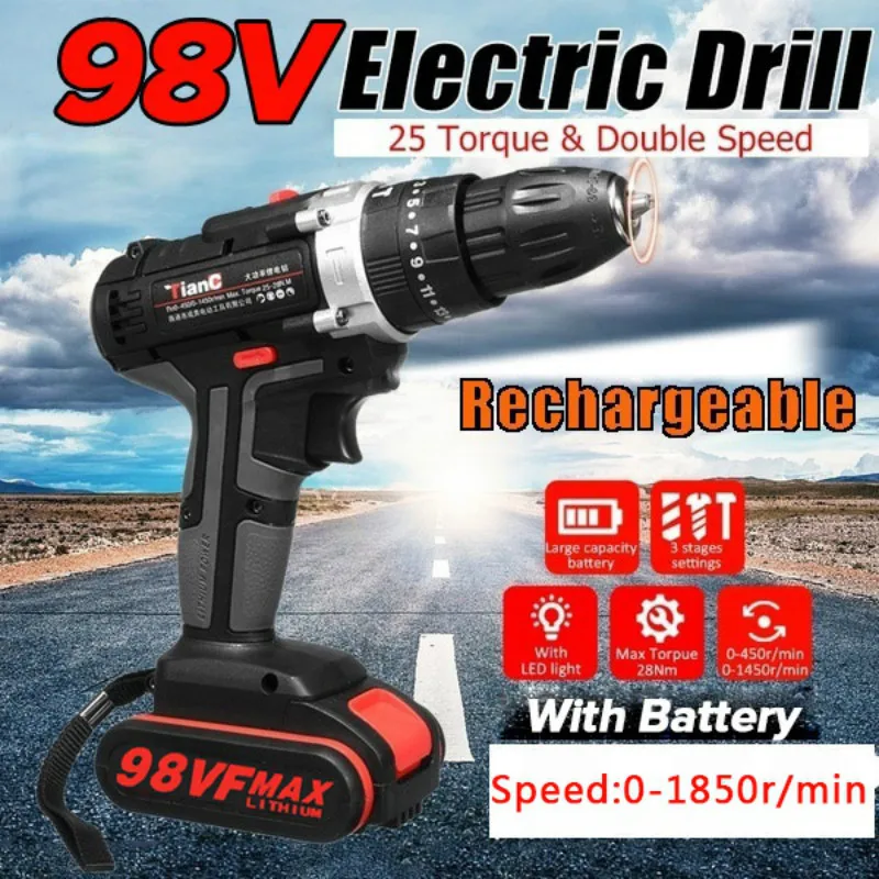 98V/58/36V/24V 28Nm Electric Cordless Compact Hammer Drill  Cordless Drill Power Tools Handheld Drill Lithium Battery Charging