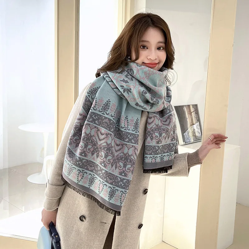 

Women Autumn Winter New Cashmere Floral Print Scarf Fashion Ethnic Style Travel All-match Shawls Thick Blanket Pashmina Scarves