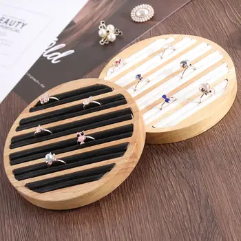 

Bamboo Wooden Ring Display Tray Round 6 Long Slot Leather Insert Jewelry Storage