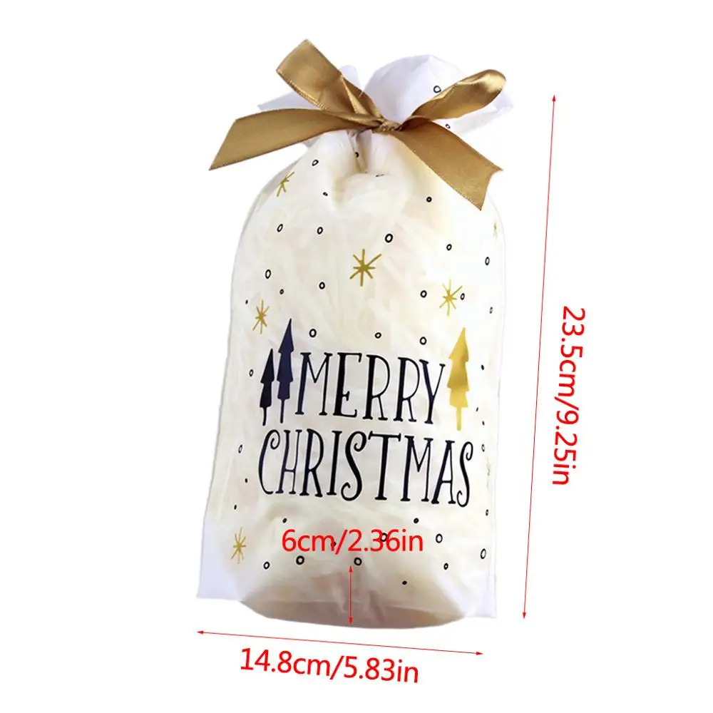 10Pcs Merry Christmas Rectangle Plastic Candy Bags With Ribbon Drawstring Letters Xmas Tree Printed Cookie Container Wedding
