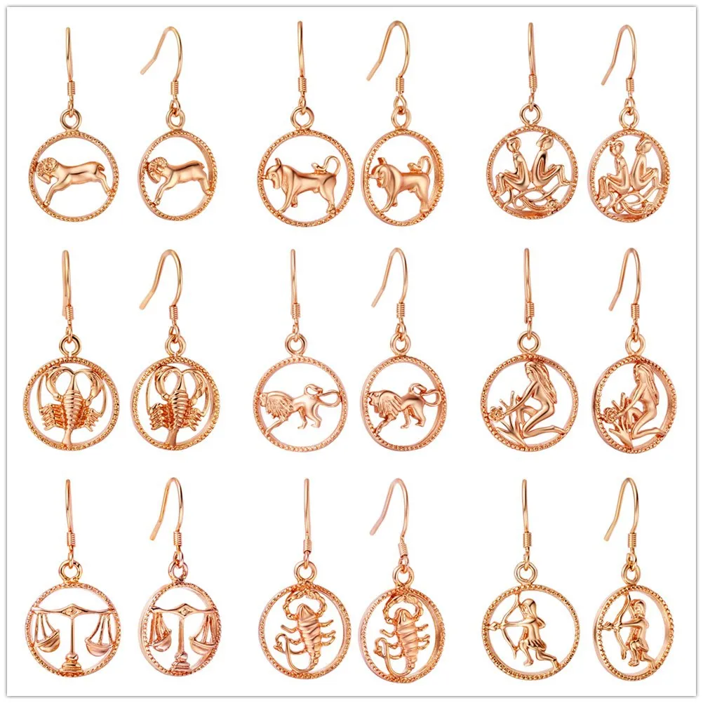 Rose Gold Dangle Earrings For Women Signs Of The Zodiac 12