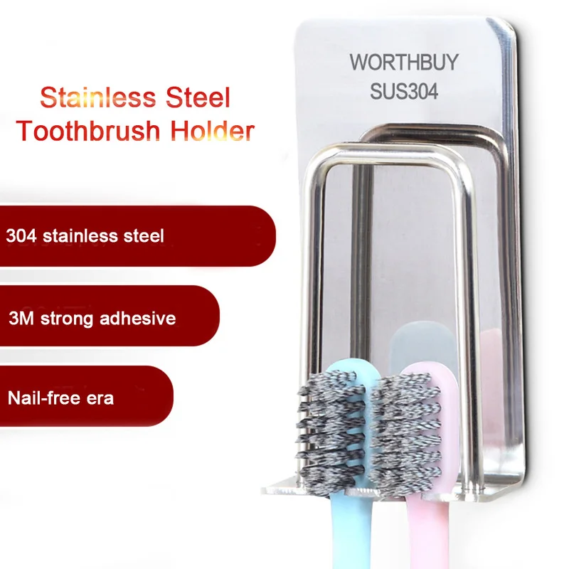 Stainless Steel Toothbrush Holder Organizer Hook Self-adhesive Toothbrush Holder Wall Mount Tooth Brush Mug Bathroom Supplies