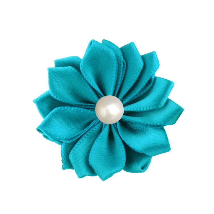 peacock blue Nishine 1," 60 шт./лот 16 Petaled атлас с розочками лента цветы с жемчужной кнопкой используется для повязка на голову" сделай сам "заколки аксессуары для волос - Цвет: peacock blue