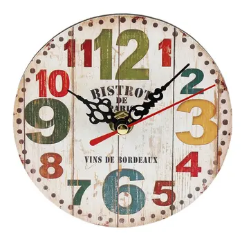 

Practical Artistic Creative European Style Round Colorful Rustic Decorative Antique Wooden Home Wall Clock