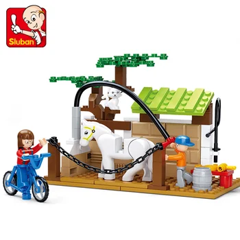 

SLUBAN Happy Farm Building Blocks Sets Animal Model Bricks Horse Care Station educational DIY toys for children brinquedos