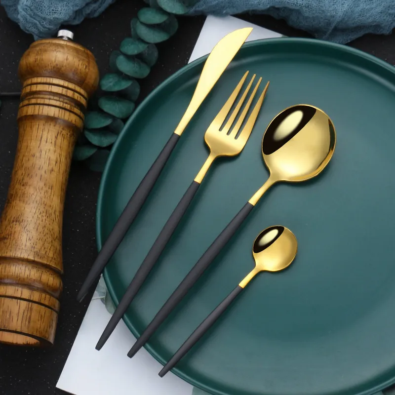 Mirror Black Gold Stainless Steel Cutlery Set Christmas Tableware Dinnerware Set Coffee Ice Dessert Tea Spoons With Long Handle