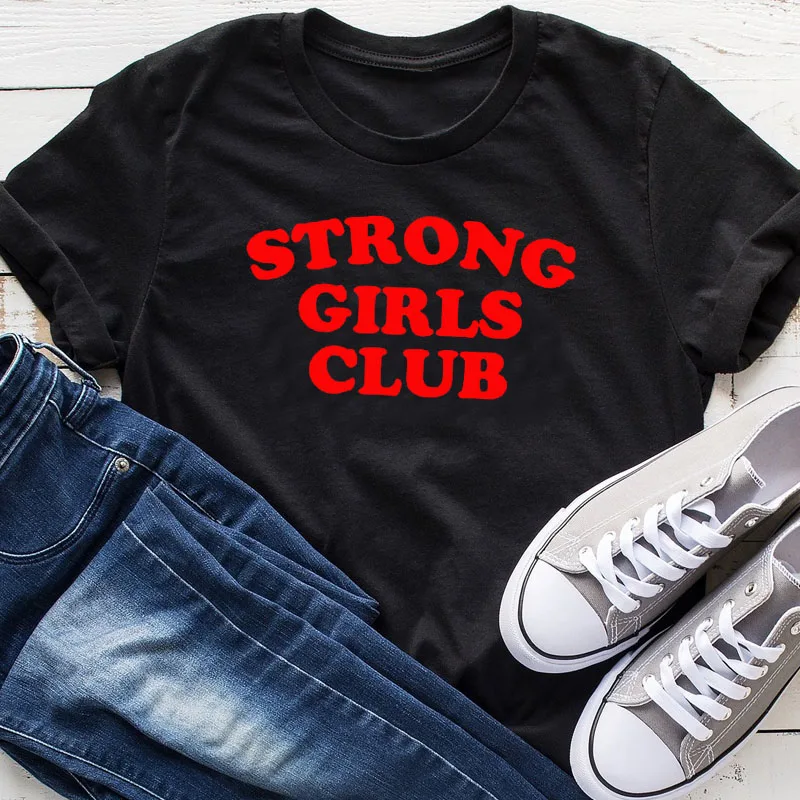 Футболка с надписью «Strong Girls Club», женская уличная одежда, женские футболки Tumblr, хлопковые топы, Прямая поставка - Цвет: black-red