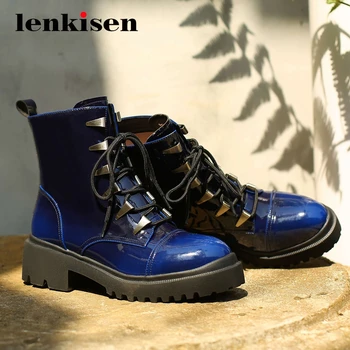 

Lenkisen motorcycle boots cross-tied platform round toe thick high heel lace up coolest high fashion daily wear ankle boots L2f4