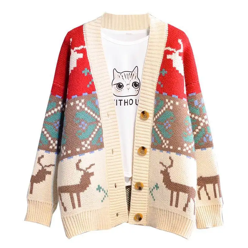 Waliicorners autumn Women Sweater Jackets DEER Christmas Long Knit Coat Oversized Knit Sweater and Cardigans Femme 8 484