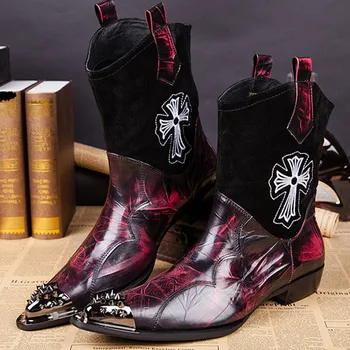 

Retro Martin Boots Men's Ankle Boots Stylish Zipper Cow Leather Heightened Cowboy Pointed Toe Genuine Leather Red Work & Safety