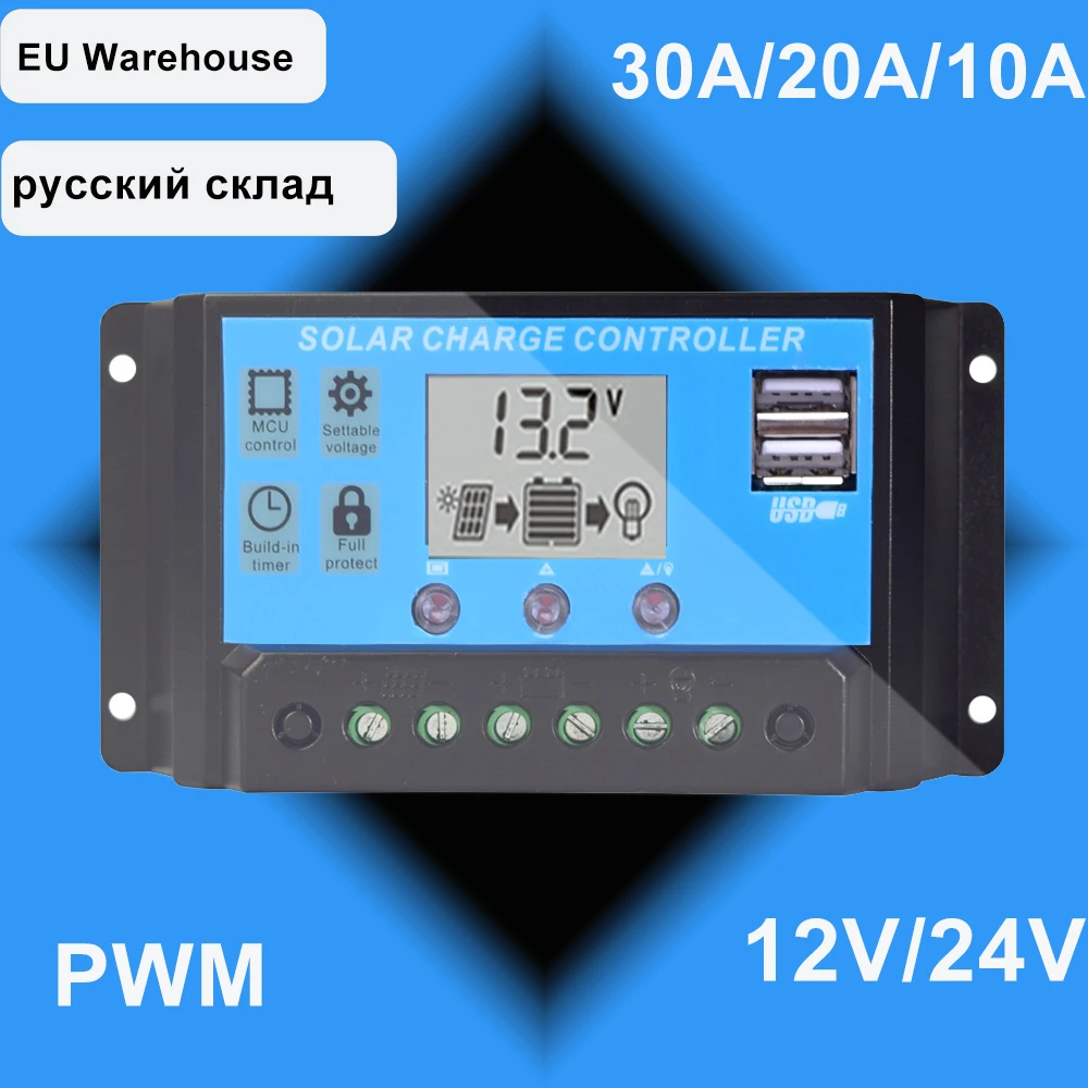 UEIUA Solar Charge Controller 12V/24V 30A PWM Solar Charge Controller Auto Switch LCD Display Solar Panel Regulator with Dual USB 