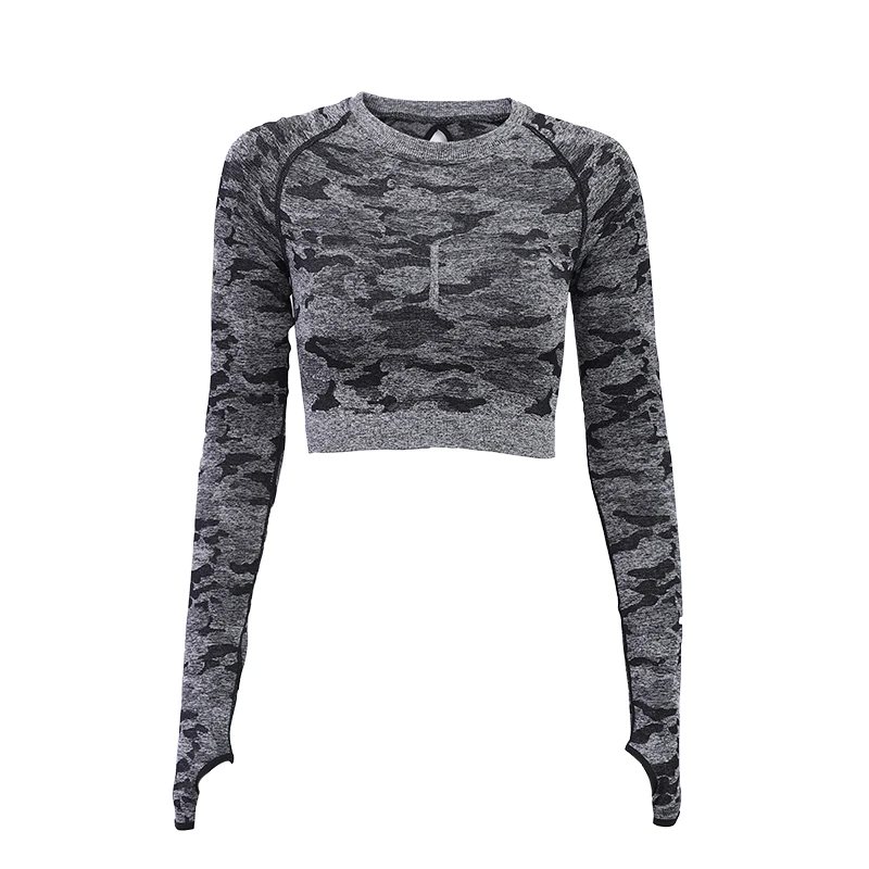 Женский Камуфляжный Топ с длинным рукавом бесшовный укороченный топ для йоги